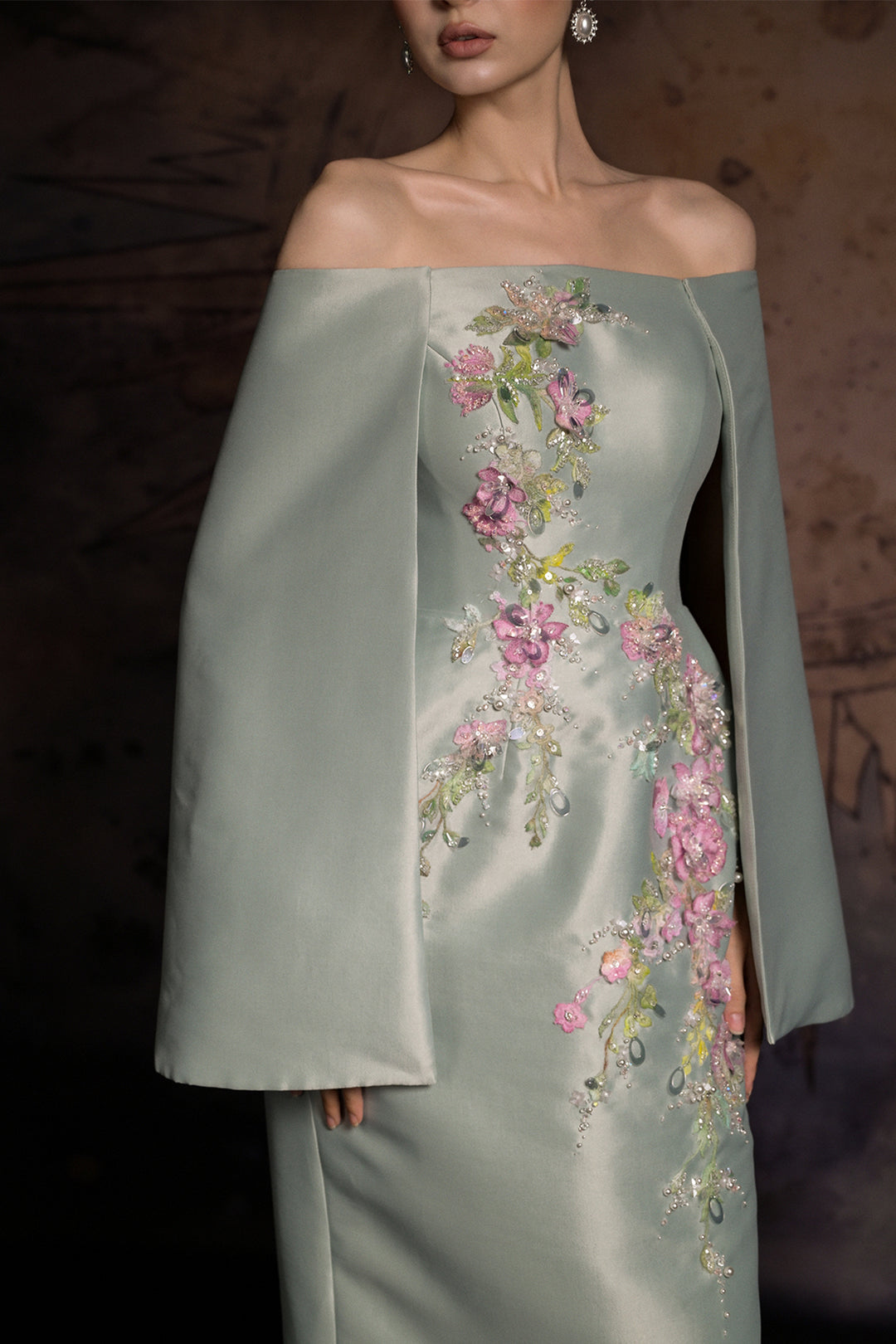 Off-The-Shoulder Cape Column Dress with Floral Appliqués