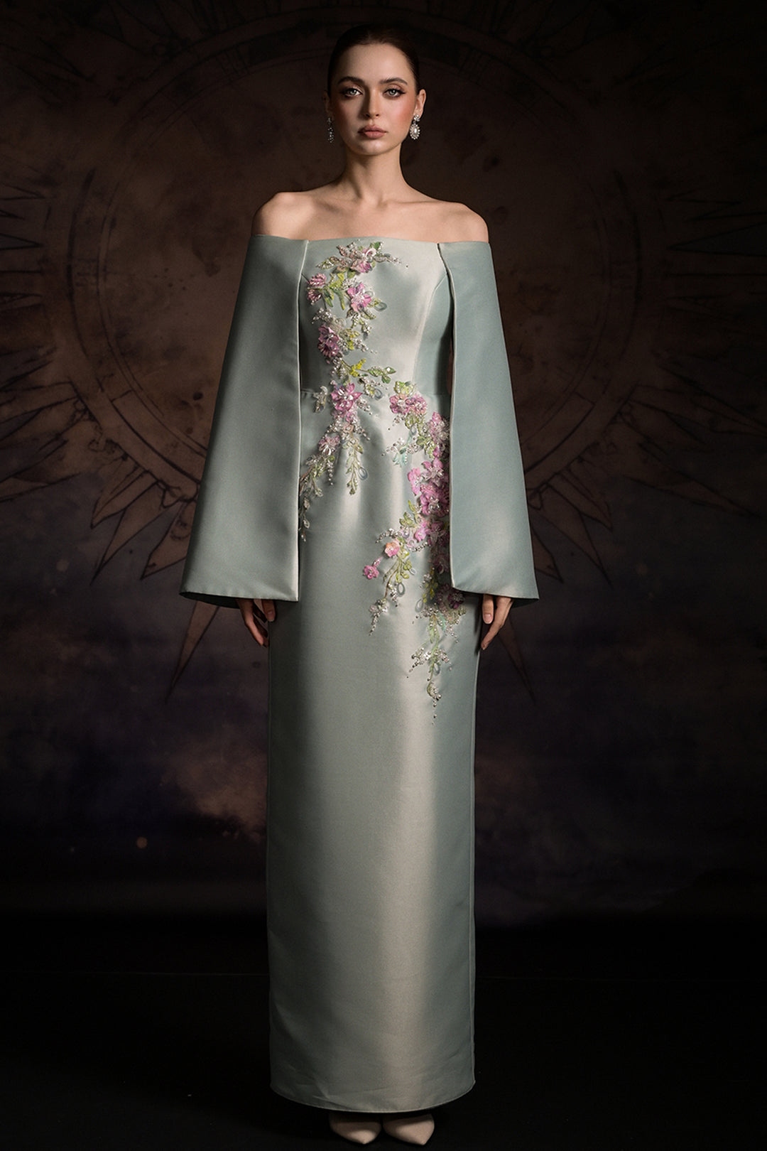Off-The-Shoulder Cape Column Dress with Floral Appliqués