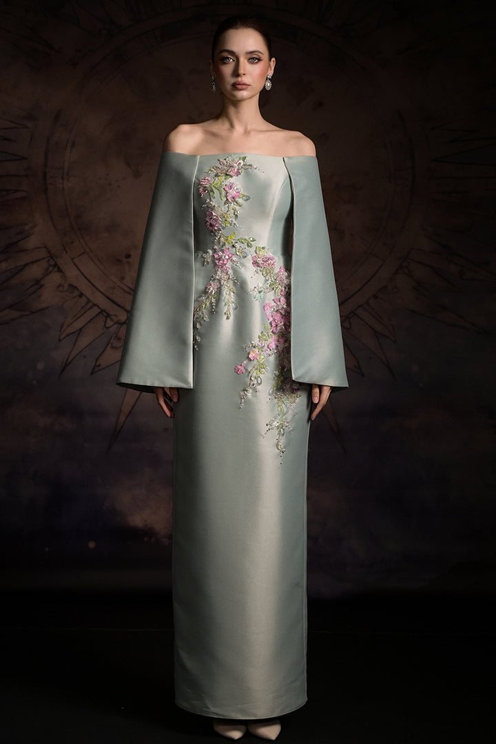 Off-The-Shoulder Cape Column Dress with Floral Appliqués