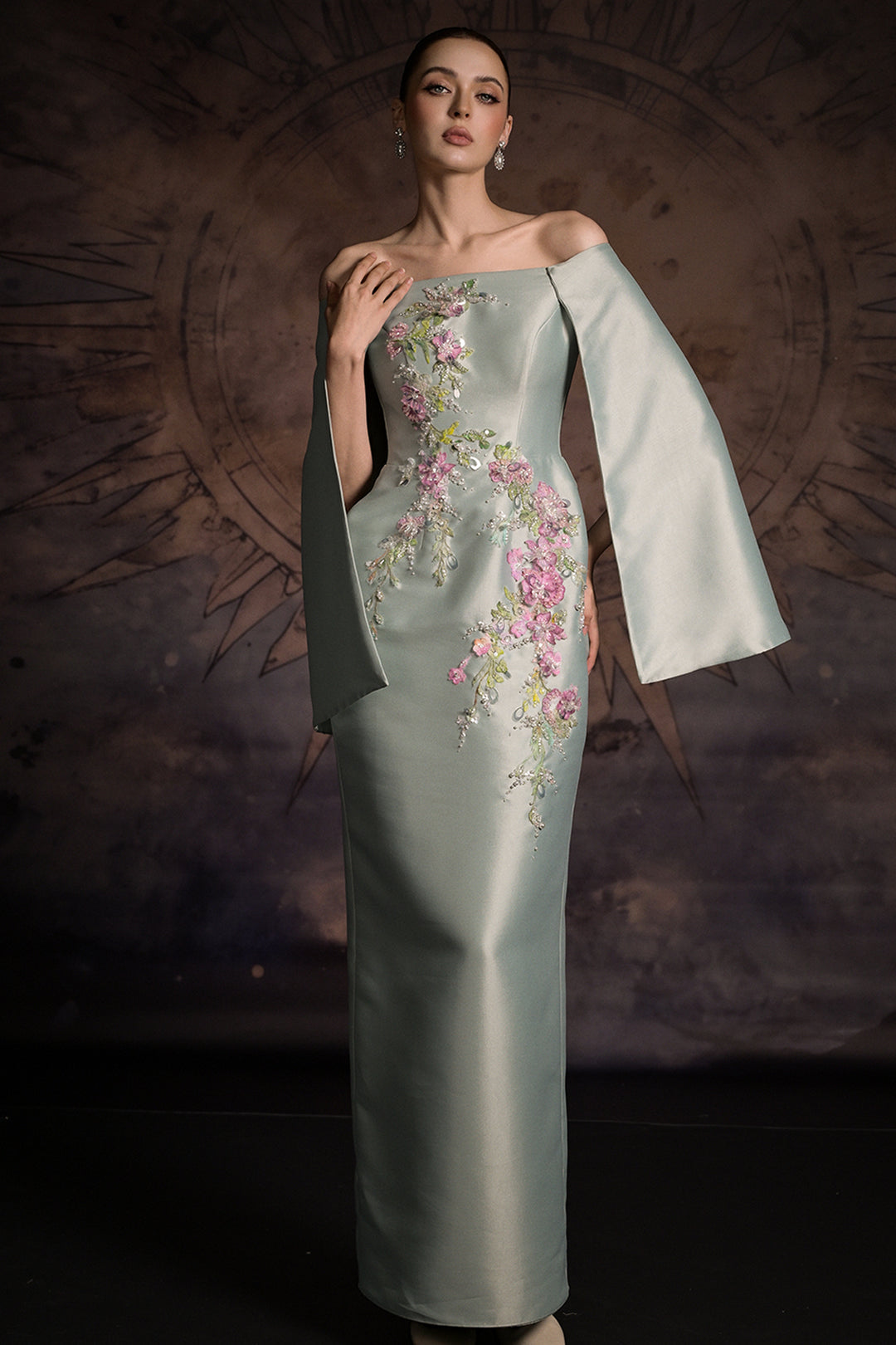 Off-The-Shoulder Cape Column Dress with Floral Appliqués