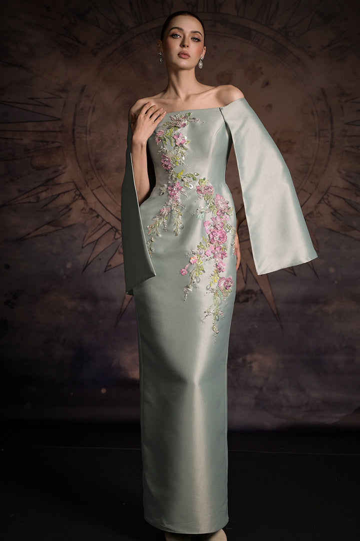 Off-The-Shoulder Cape Column Dress with Floral Appliqués