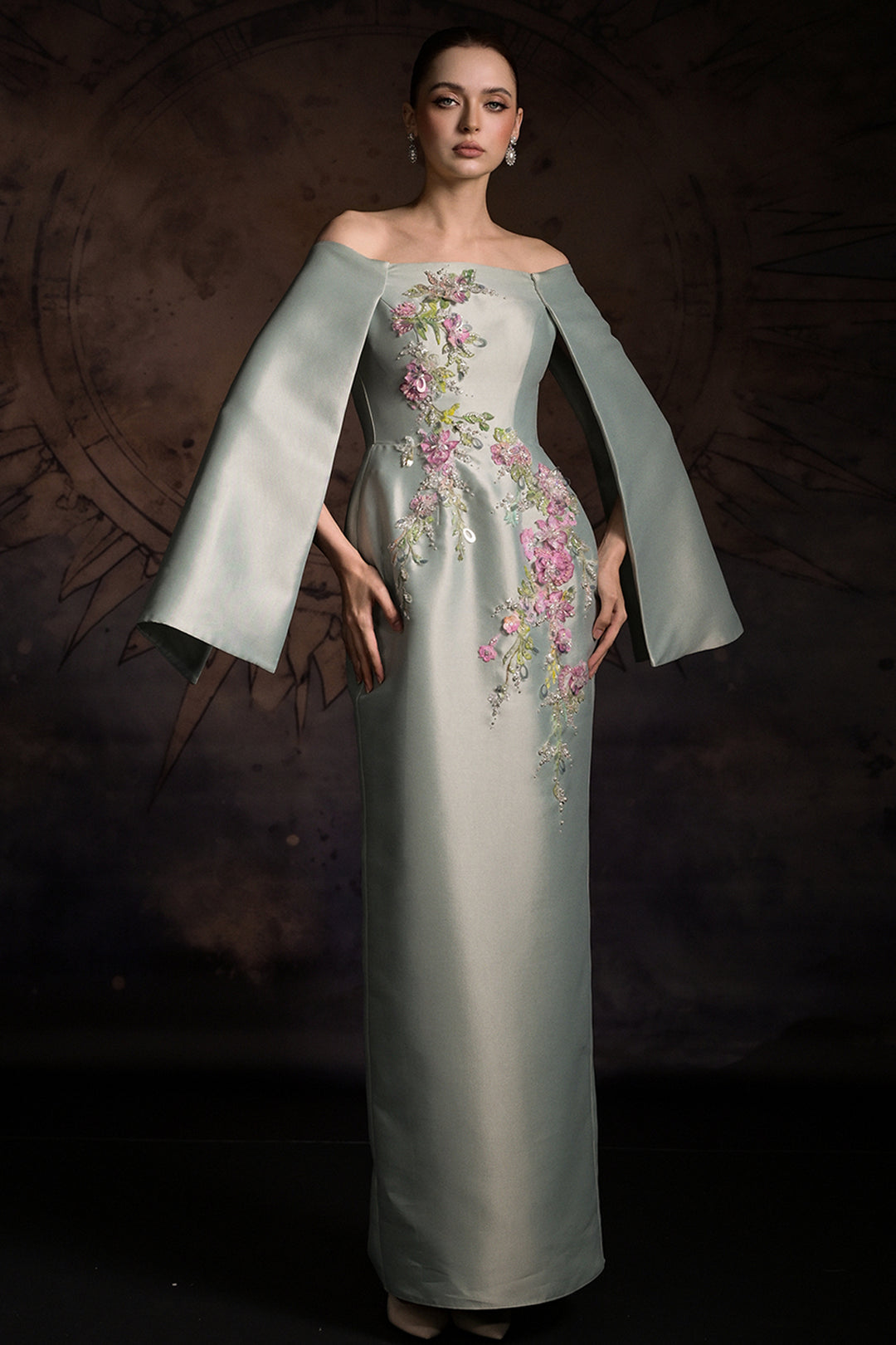 Off-The-Shoulder Cape Column Dress with Floral Appliqués
