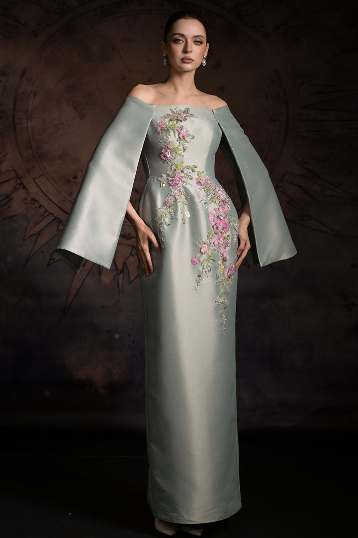 Off-The-Shoulder Cape Column Dress with Floral Appliqués