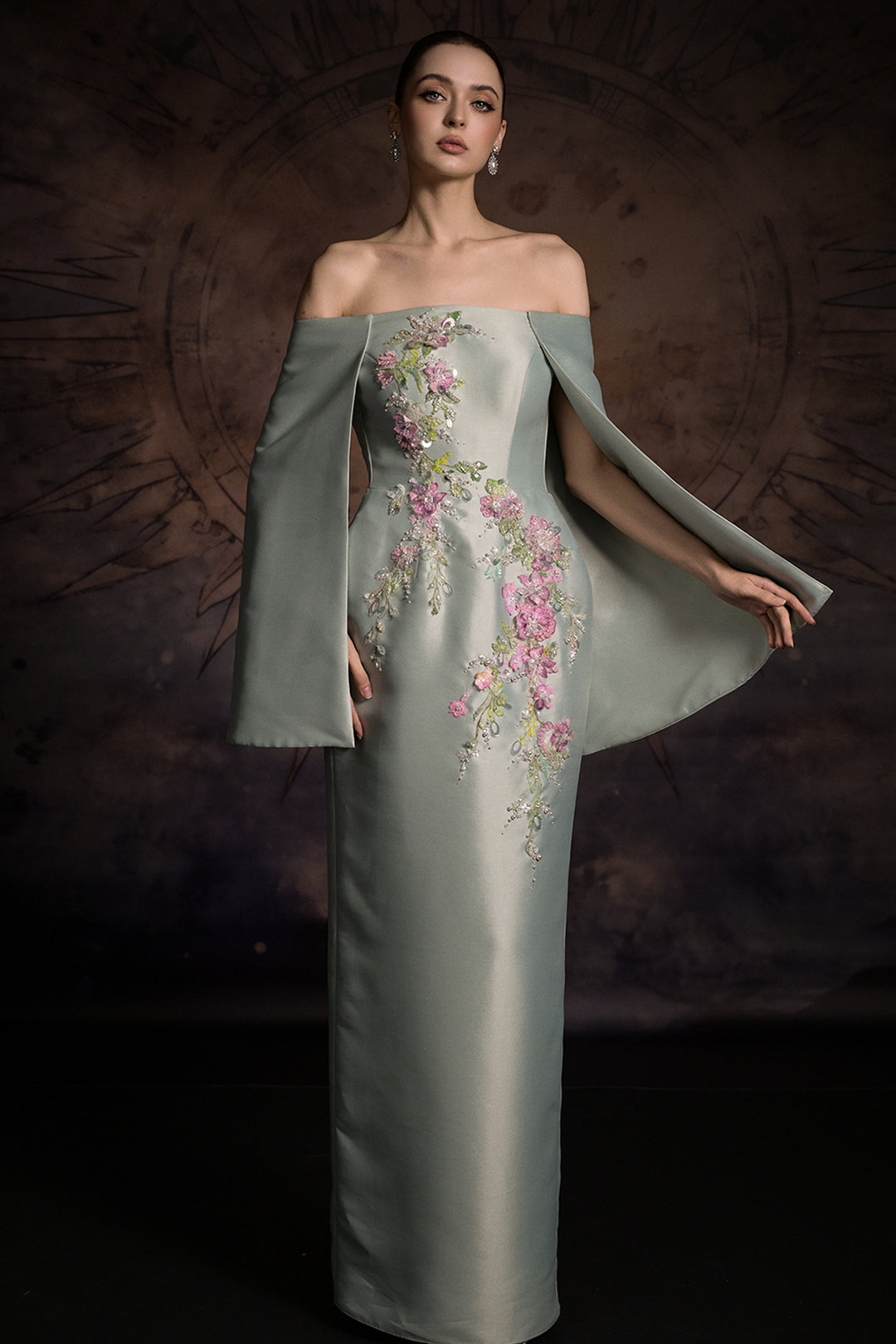 Off-The-Shoulder Cape Column Dress with Floral Appliqués Sage / FR 36