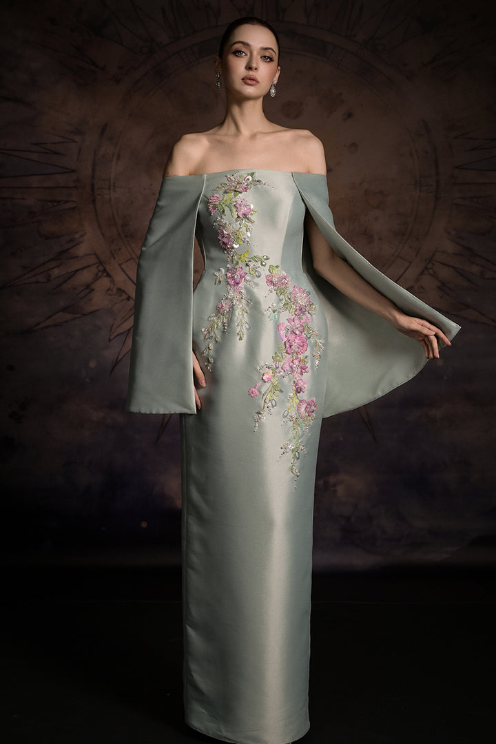 Off-The-Shoulder Cape Column Dress with Floral Appliqués