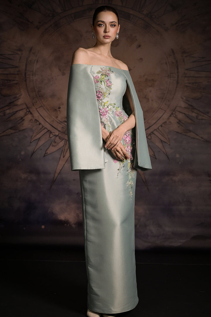 Off-The-Shoulder Cape Column Dress with Floral Appliqués