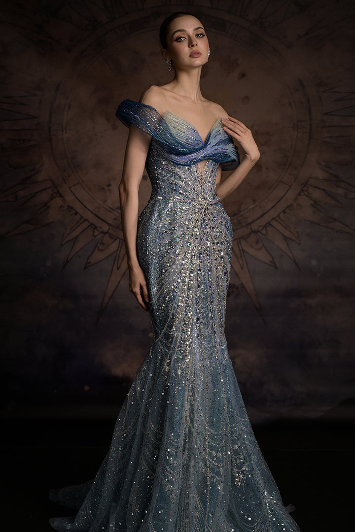 Off-The-Shoulder Mermaid Dress with Illusion Mesh