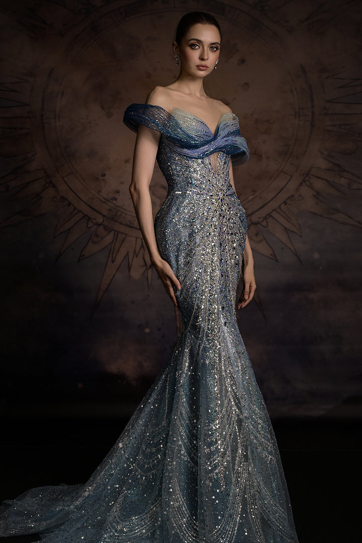 Off-The-Shoulder Mermaid Dress with Illusion Mesh