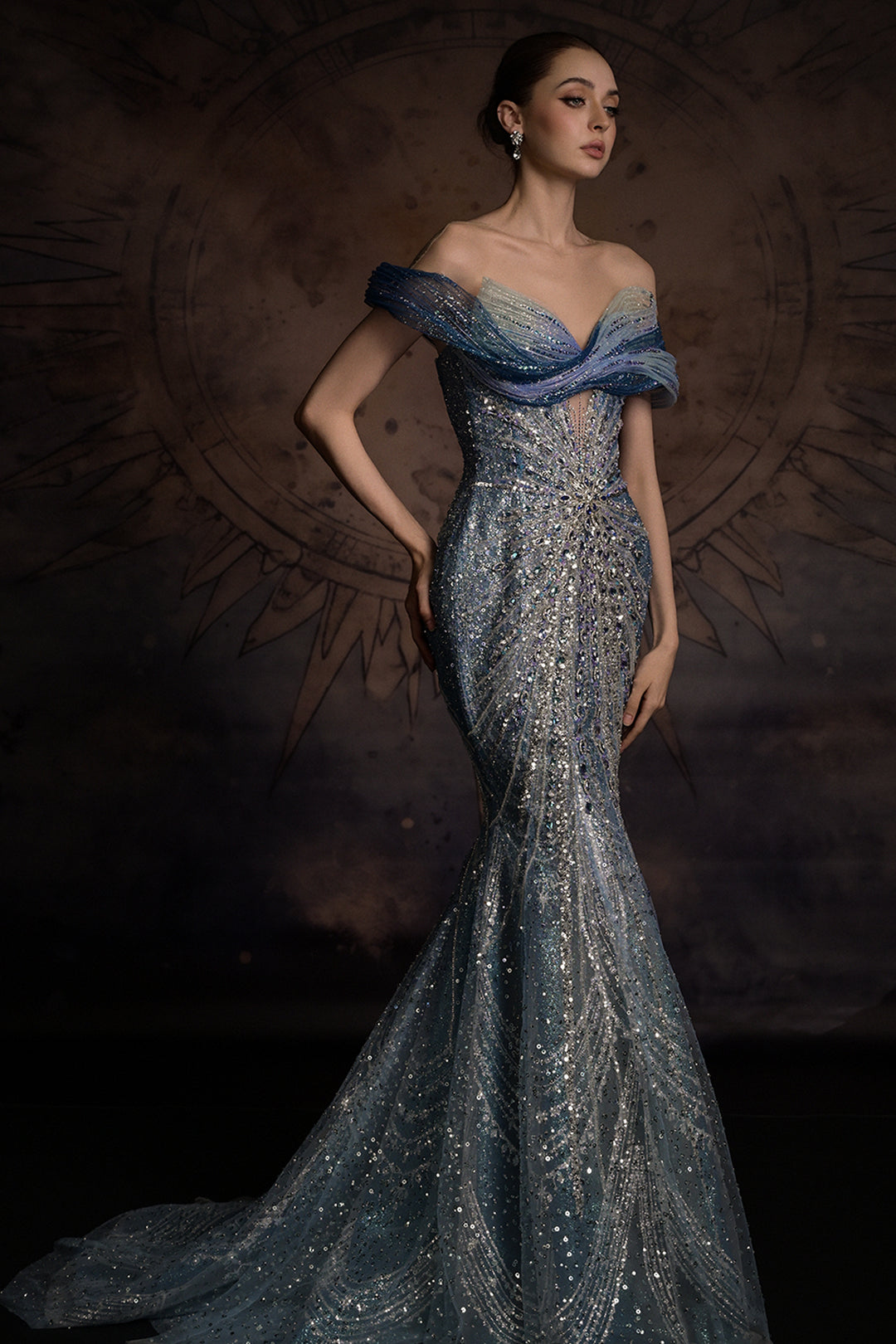 Off-The-Shoulder Mermaid Dress with Illusion Mesh
