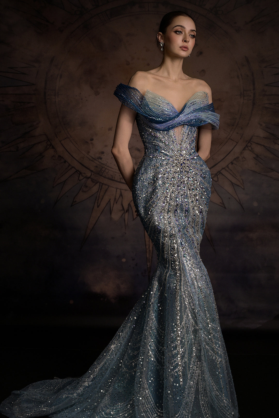 Off-The-Shoulder Mermaid Dress with Illusion Mesh