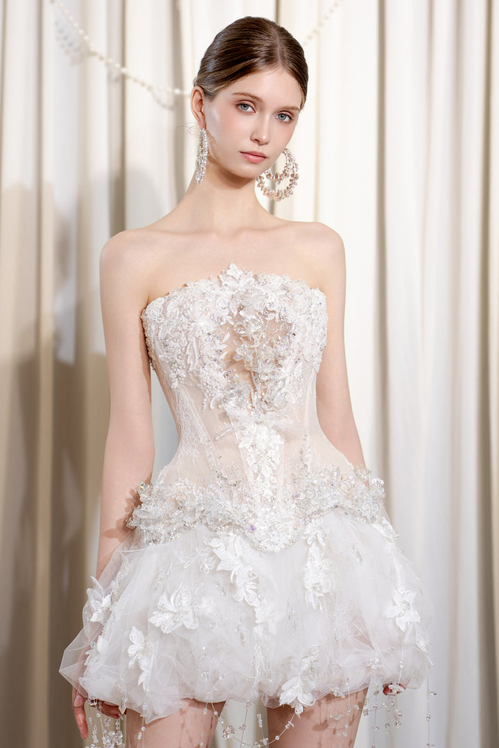 Strapless Basque Waist Mini with 3D Florals