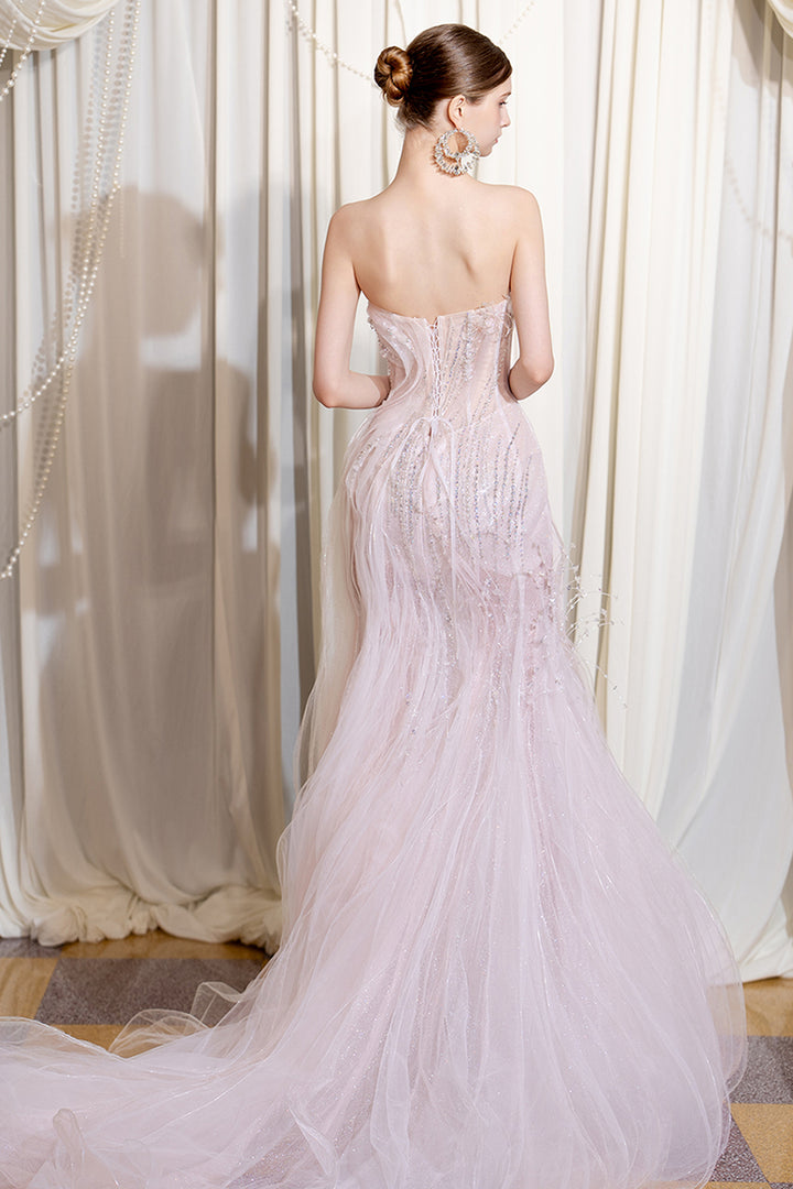 Strapless A-Line Sheer Dress with Crystal Embellishments