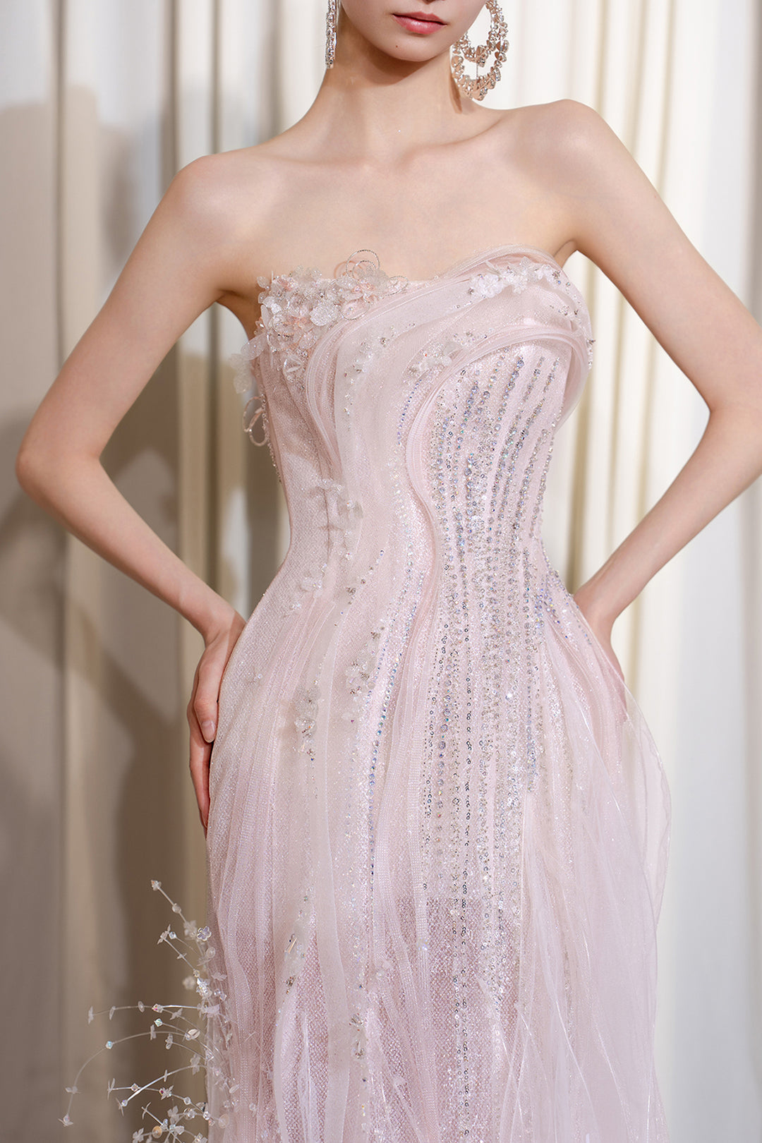 Strapless A-Line Sheer Dress with Crystal Embellishments