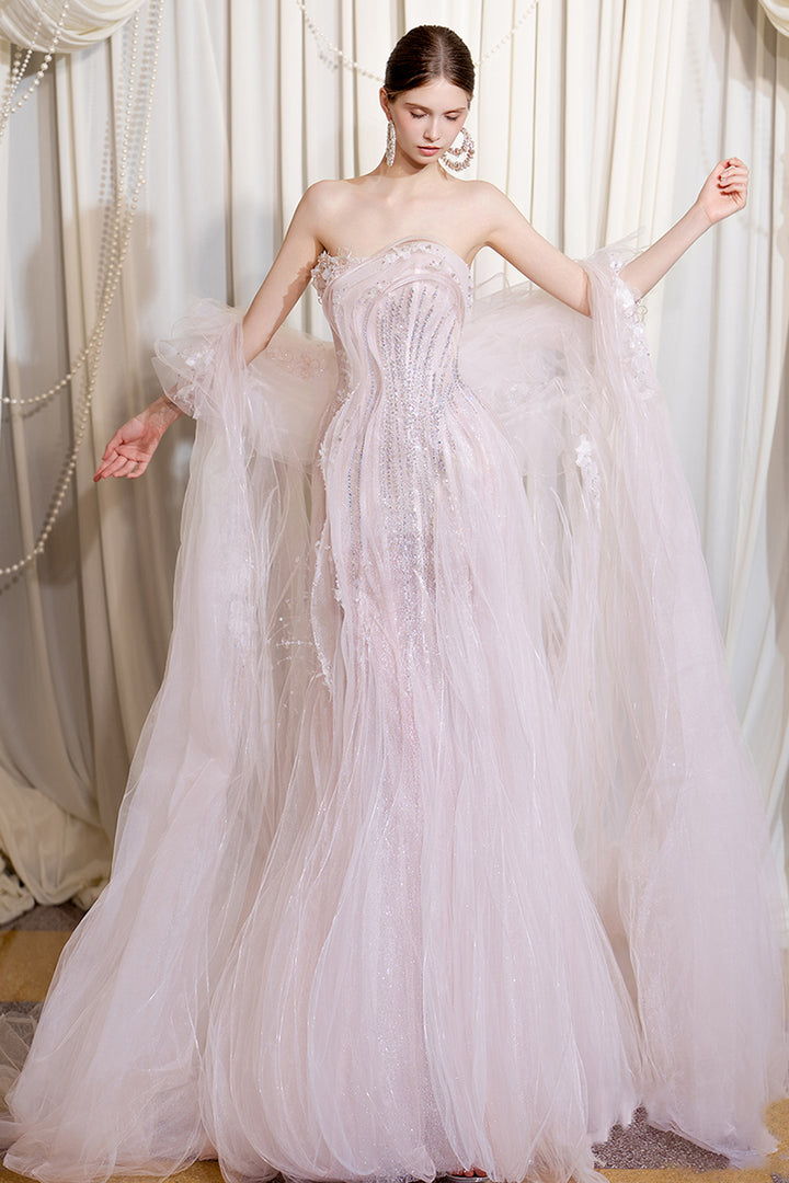 Strapless A-Line Sheer Dress with Crystal Embellishments