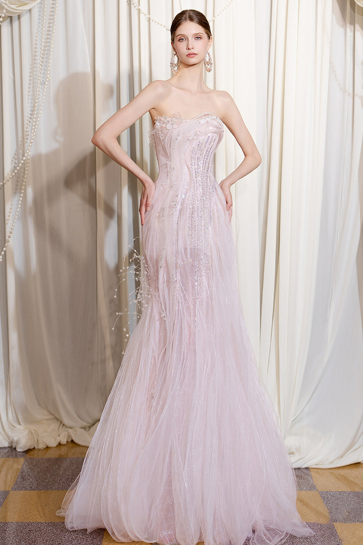 Strapless A-Line Sheer Dress with Crystal Embellishments