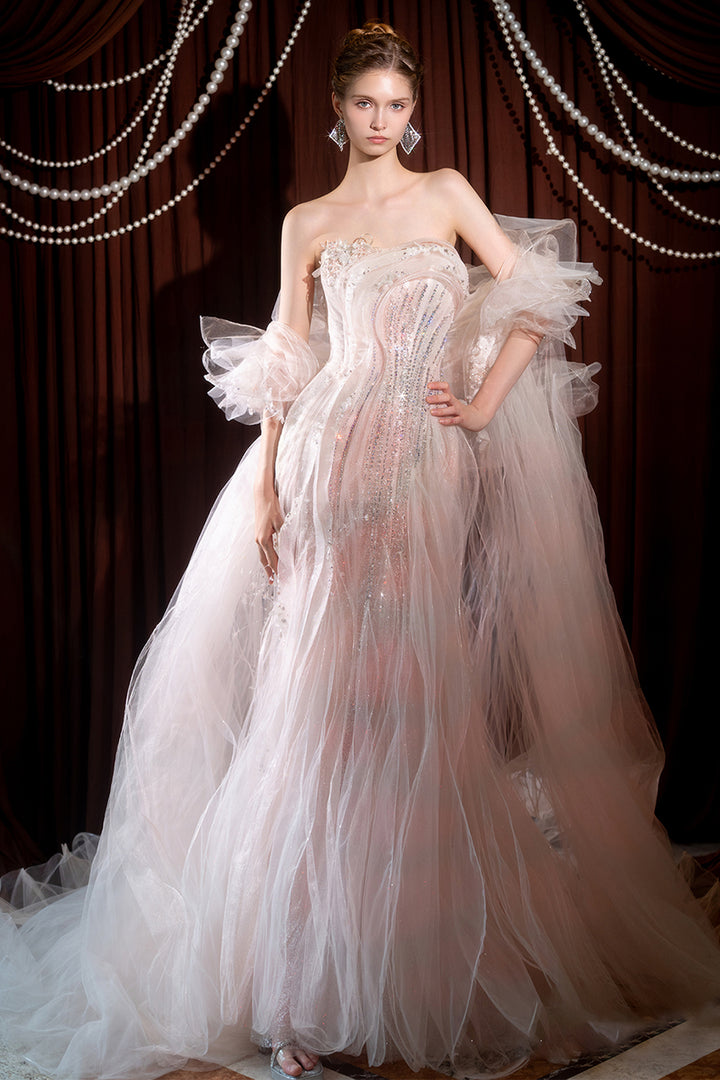 Strapless A-Line Sheer Dress with Crystal Embellishments