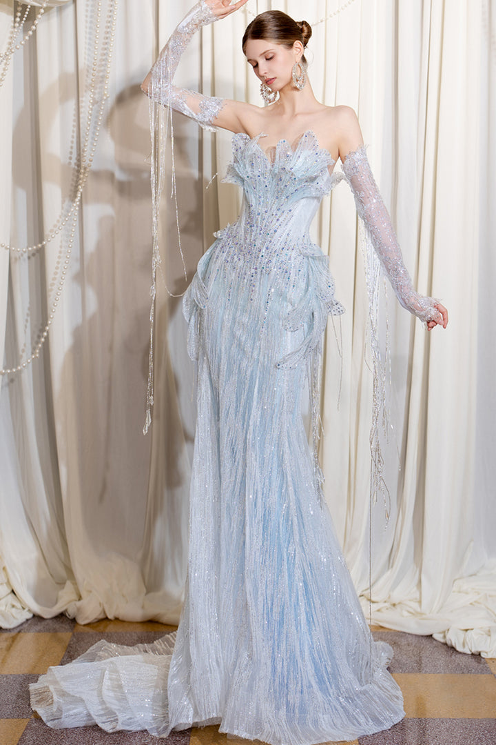 Strapless Mermaid Dress with Beaded Fringe
