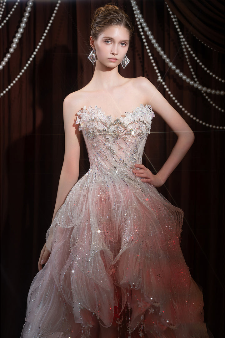 Strapless Sweetheart High-Low Dress with 3D Floral Appliqués