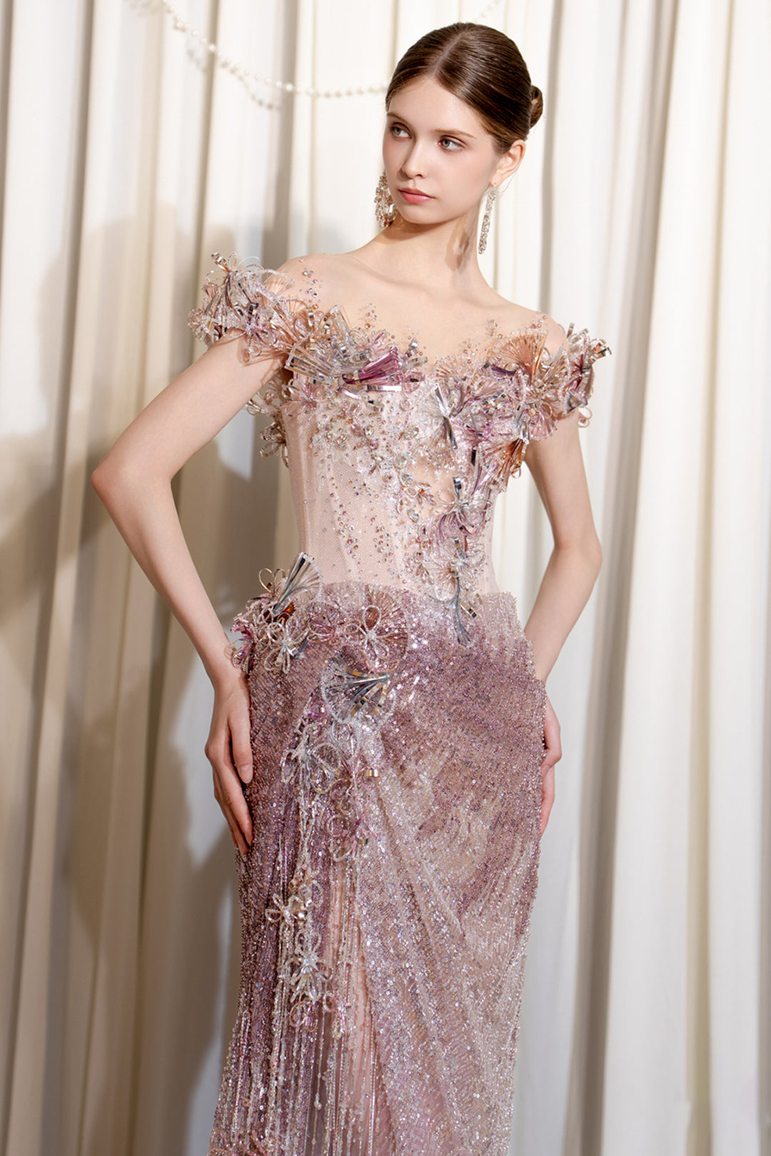 Off-The-Shoulder Column Dress with Illusion Cape