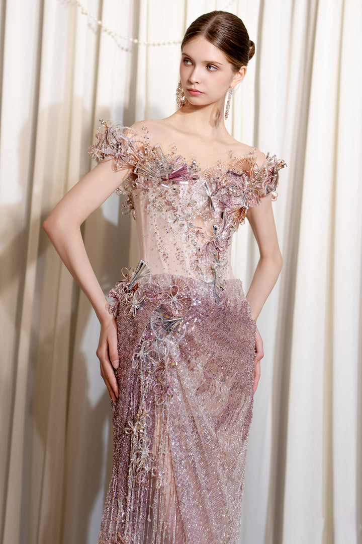 Off-The-Shoulder Column Dress with Illusion Cape