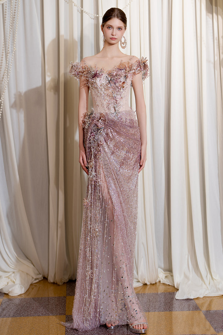 Off-The-Shoulder Column Dress with Illusion Cape