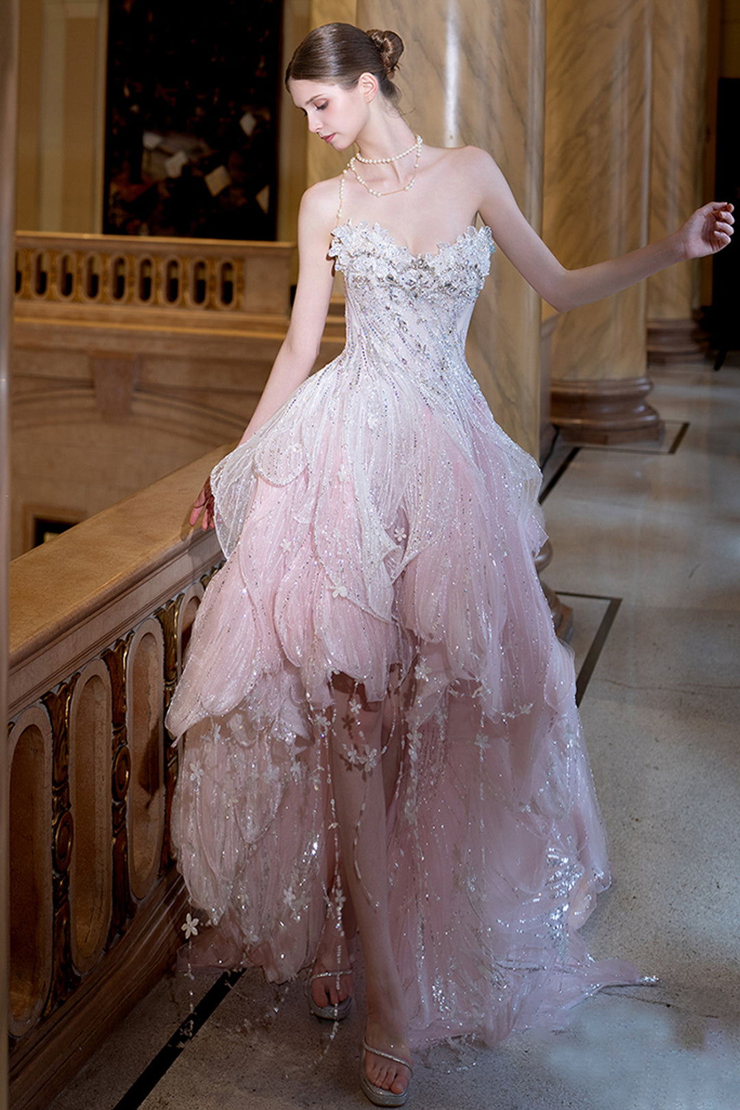 Strapless Sweetheart High-Low Dress with 3D Floral Appliqués