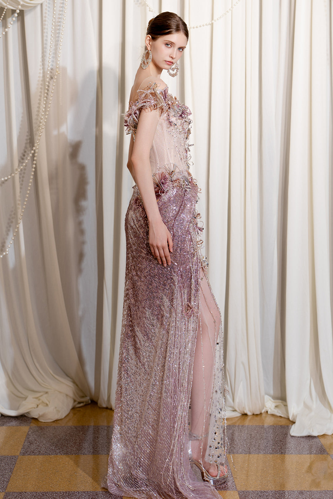 Off-The-Shoulder Column Dress with Illusion Cape