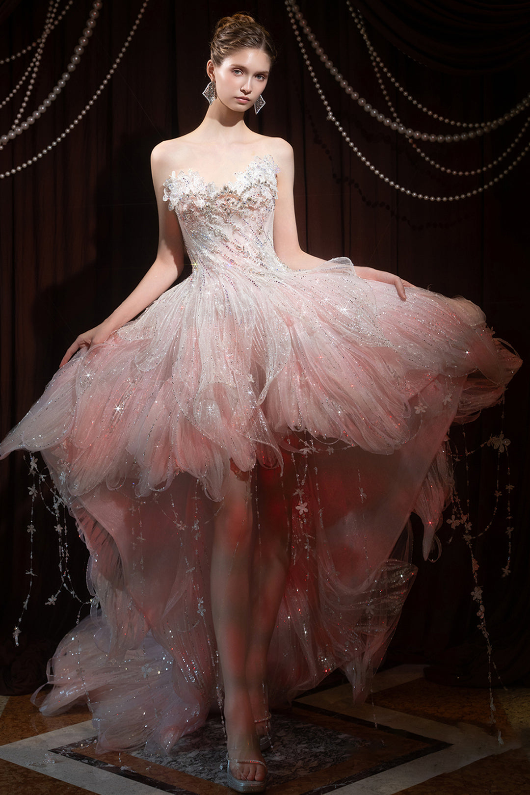 Strapless Sweetheart High-Low Dress with 3D Floral Appliqués