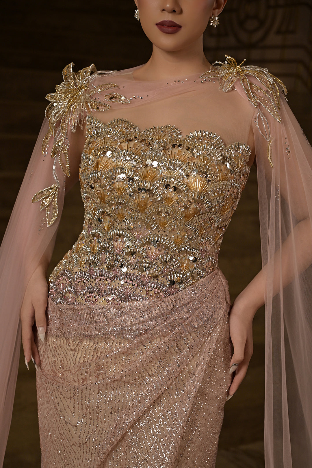 Crystal Floral Appliqué with Cape Dress