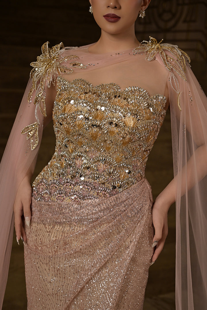 Crystal Floral Appliqué with Cape Dress