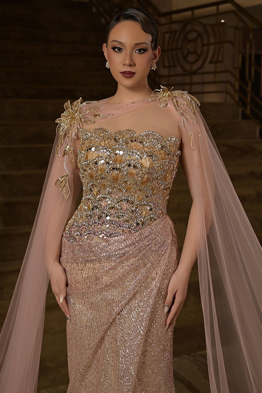 Crystal Floral Appliqué with Cape Dress