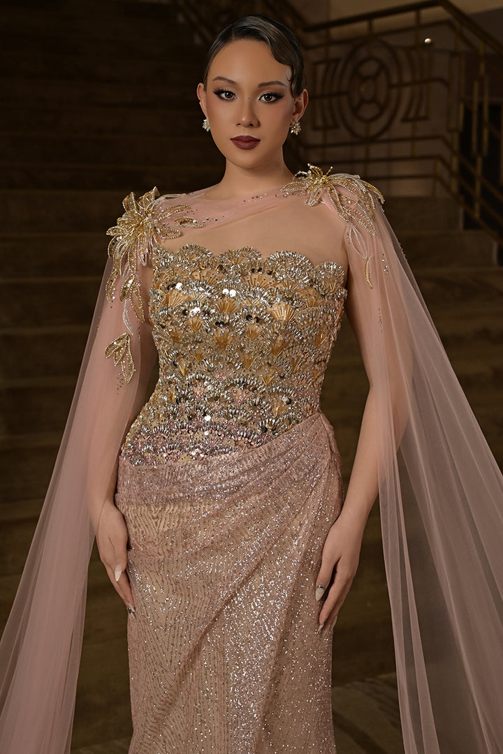 Crystal Floral Appliqué with Cape Dress