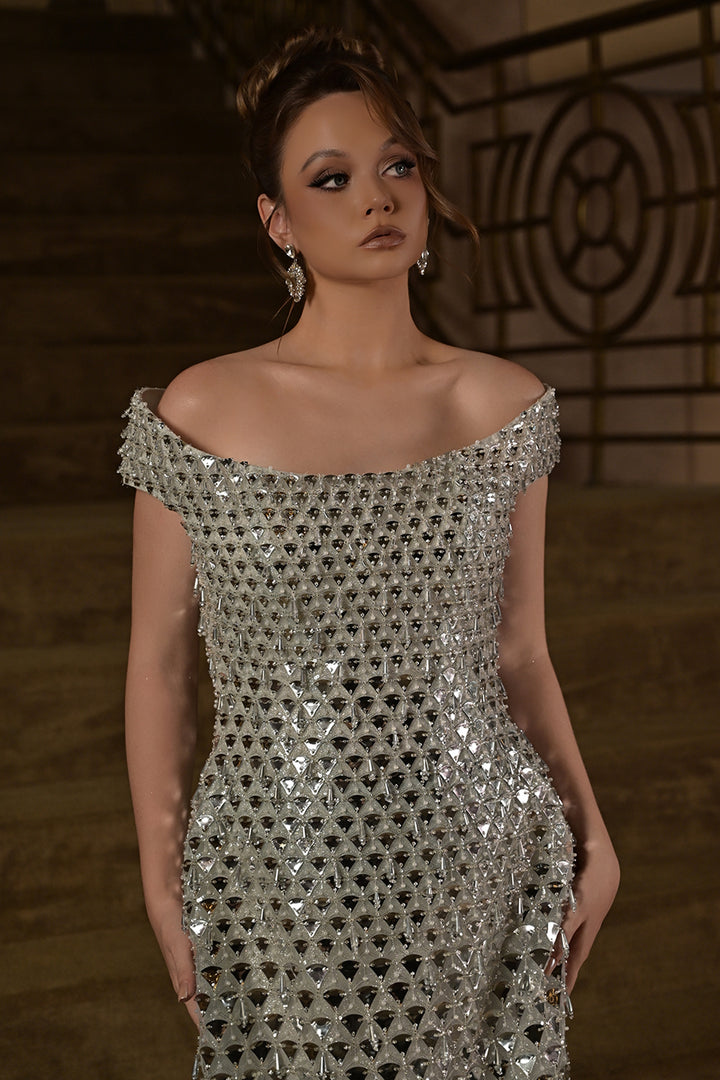 Off-The-Shoulder Geometric Column Dress
