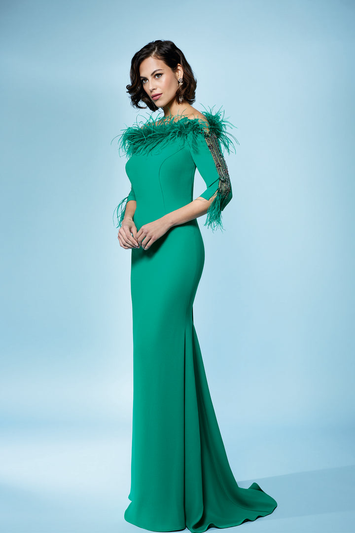 Mermaid Crepe Dress with Feathered Neckline