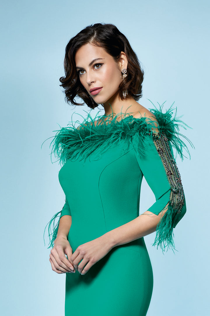 Mermaid Crepe Dress with Feathered Neckline