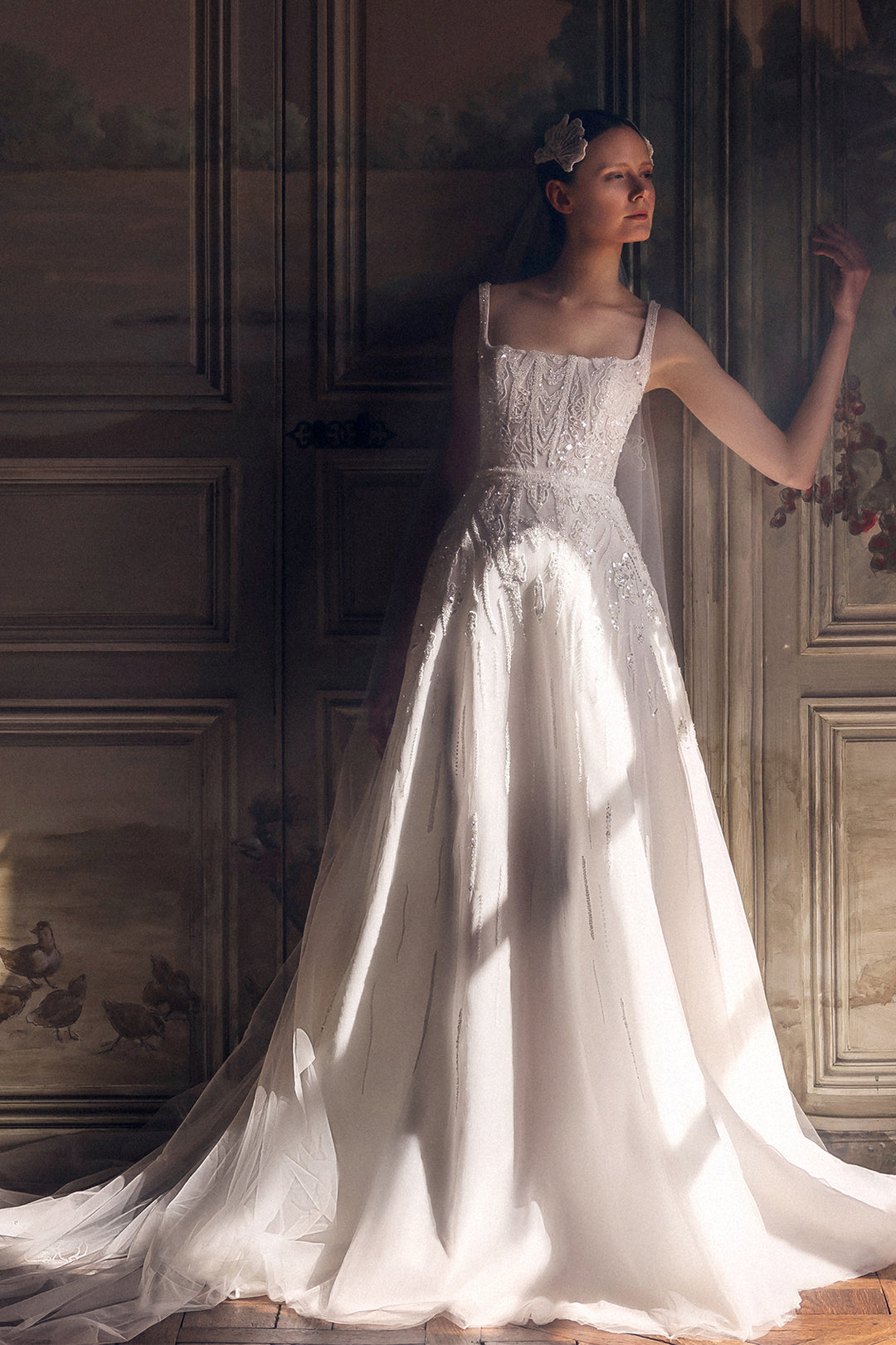 Floor-Length Bridal Gown with Square Neckline Bodice and Beaded Lace Appliqus White / FR 56 Floor-Length Bridal Gown with Square Neckline Bodice and Beaded Lace Appliqus White / FR 56