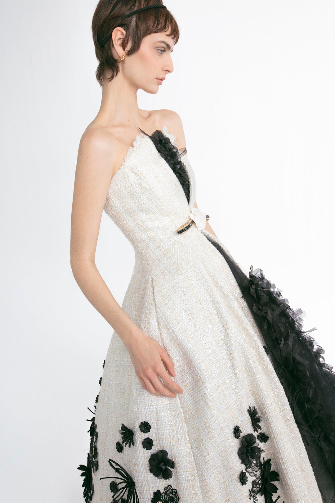 Tweed Strapless A-line Midi Dress with Floral Motifs Black & White / FR 34
