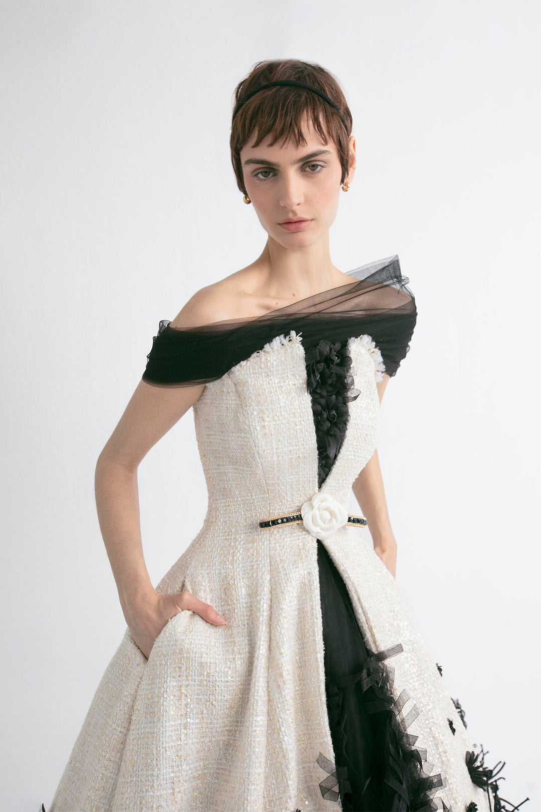 Tweed Strapless A-line Midi Dress with Floral Motifs – M.R DESIGN