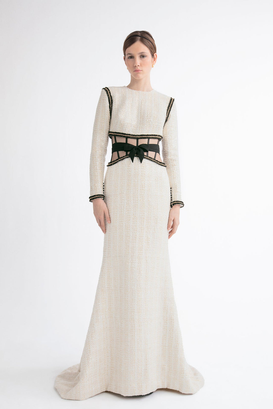 Tweed Long-Sleeved Mermaid Dress with Embroidery White & Black / FR 36 Tweed Long-Sleeved Mermaid Dress with Embroidery White & Black / FR 36