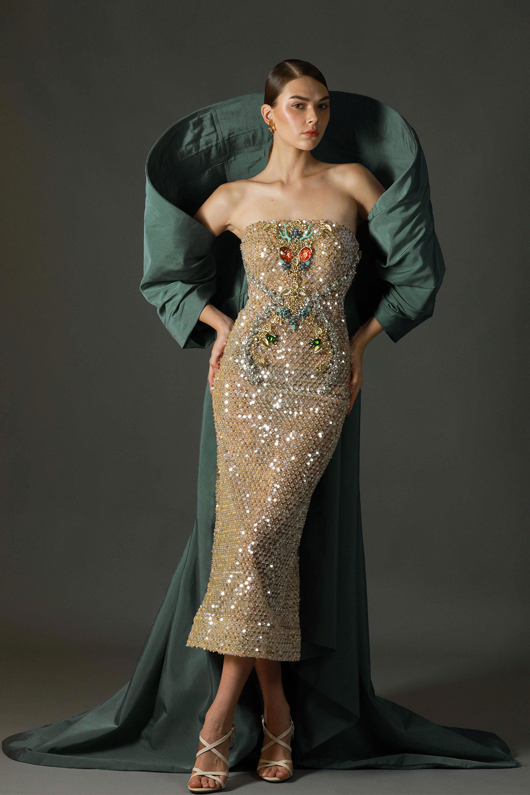 Strapless Sequined Midi Dress Gold & Sacramento Green / FR 38 Strapless Sequined Midi Dress Gold & Sacramento Green / FR 38