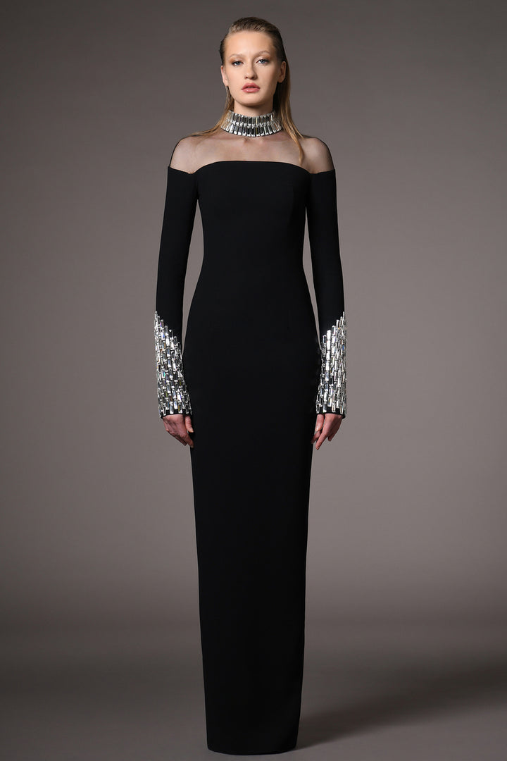 Crepe Long-Sleeved Fitted Dress with Embroidery