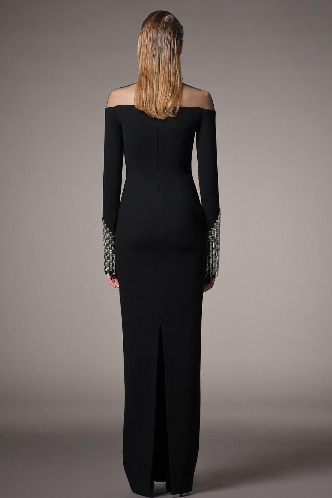 Crepe Long-Sleeved Fitted Dress with Embroidery