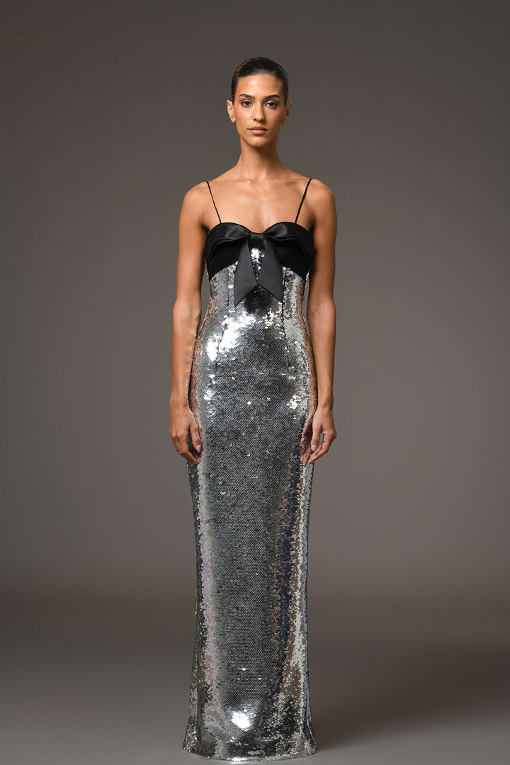 Long Dress with Sequins and Sleeveless Bow Detailing