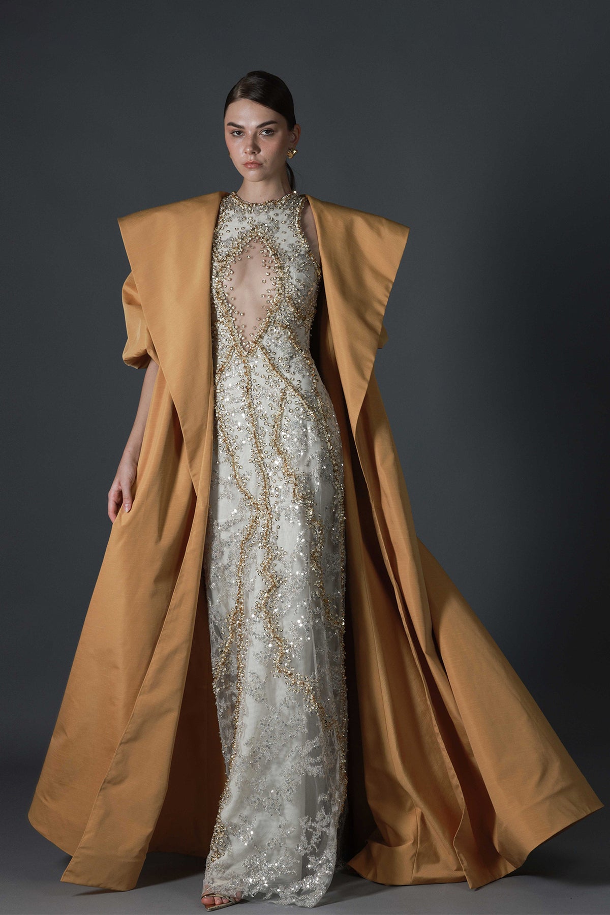High-Neck Cape Dress Ivory & Mustard / FR 38