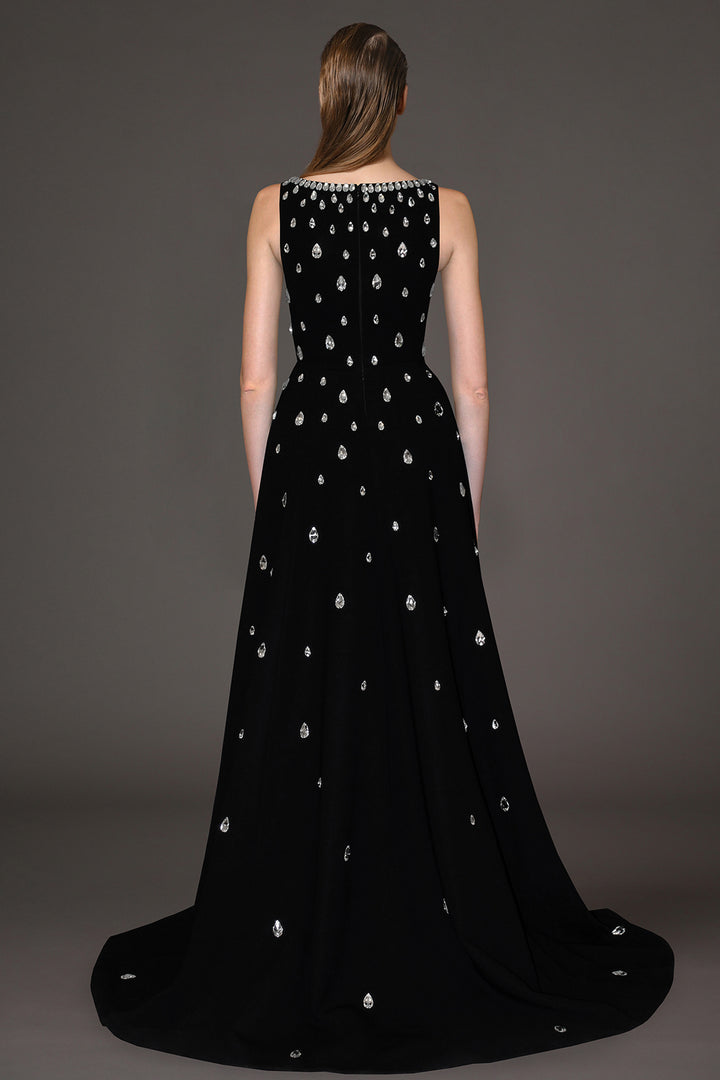Crepe Dress with Overskirt and Crystal Embroidery