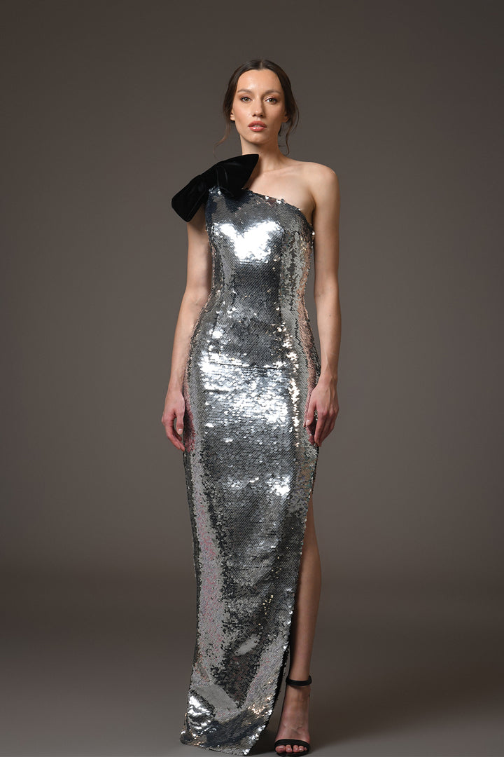 Asymmetrical Long Dress with Sequins and Bow
