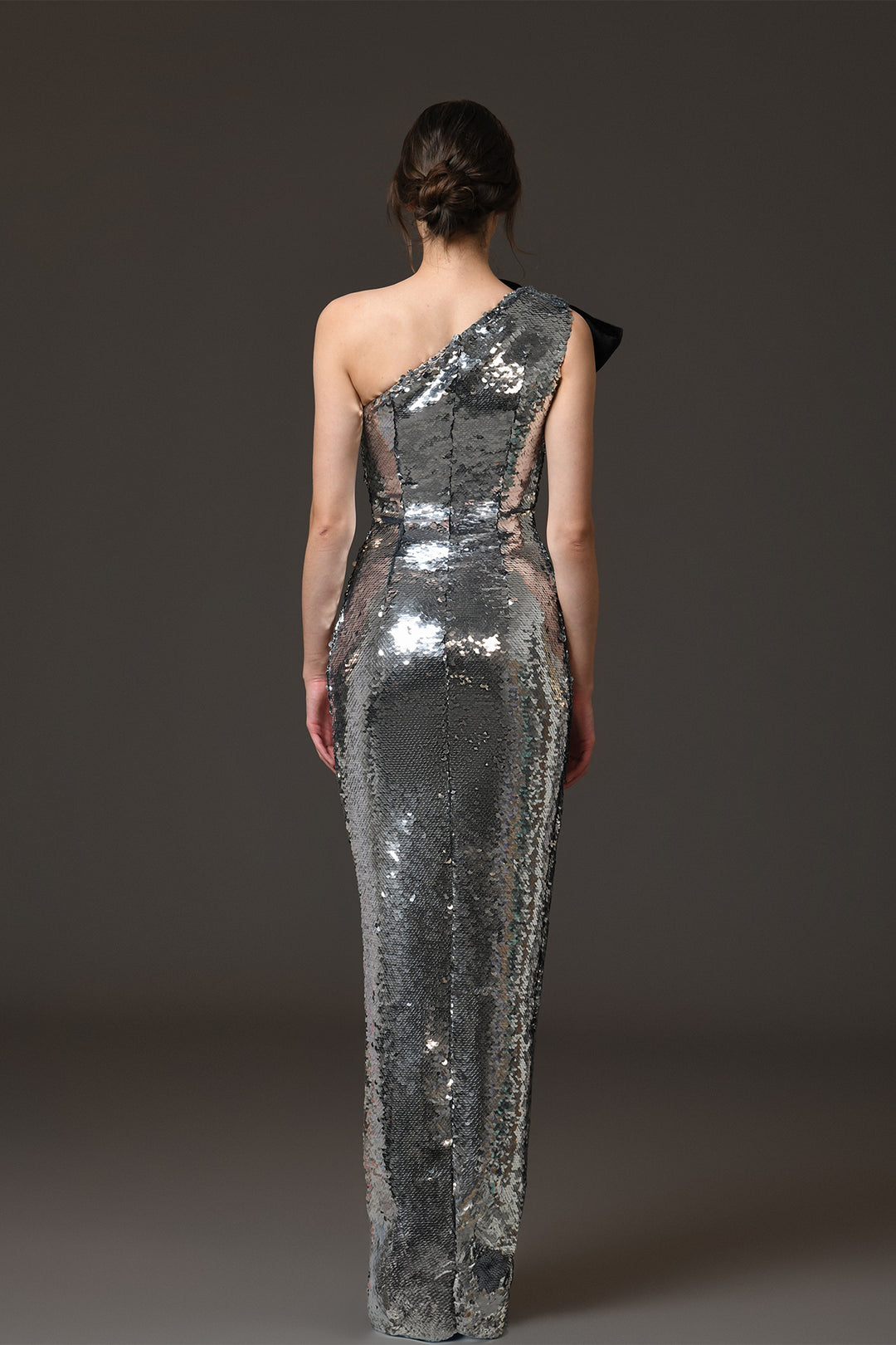 Asymmetrical Long Dress with Sequins and Bow