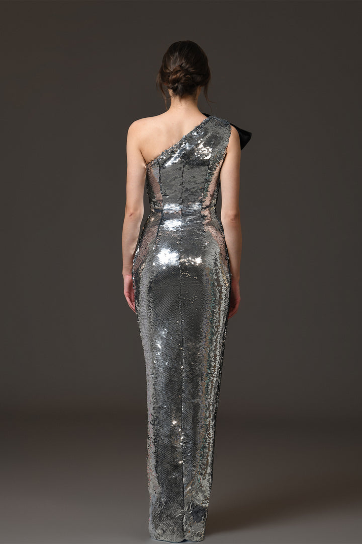 Asymmetrical Long Dress with Sequins and Bow