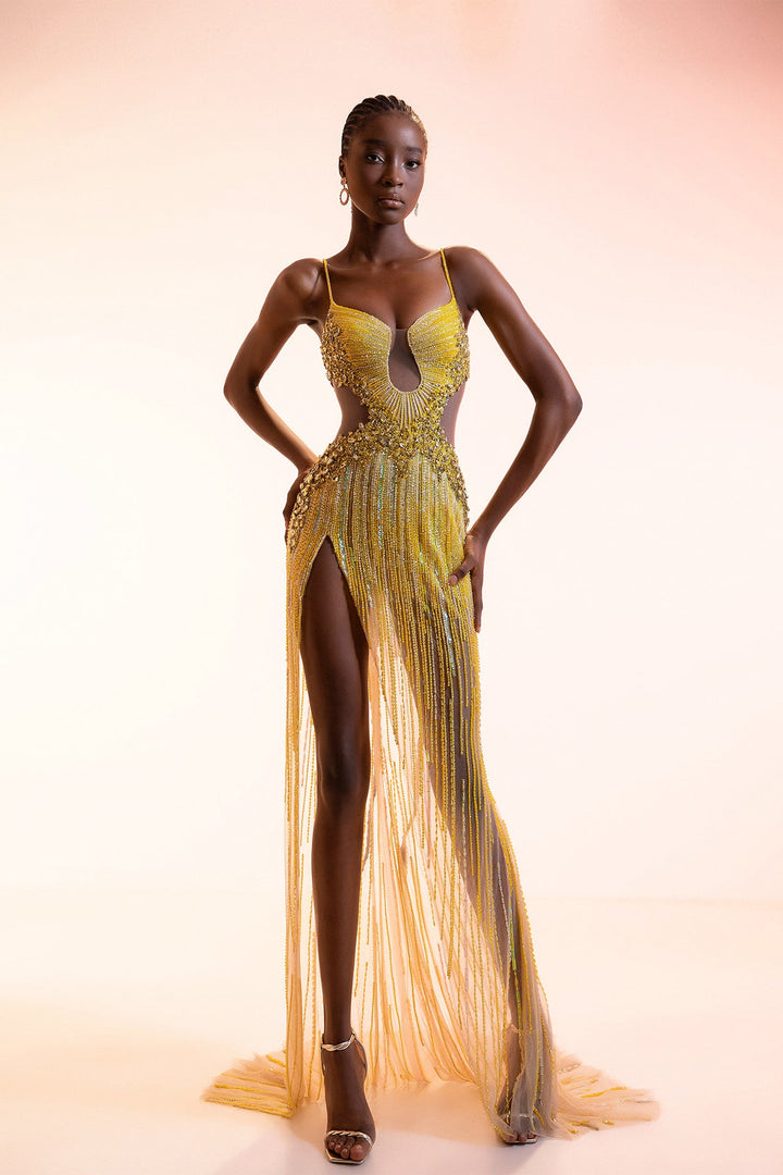 Yellow Keyhole Gown with Bead Fringe