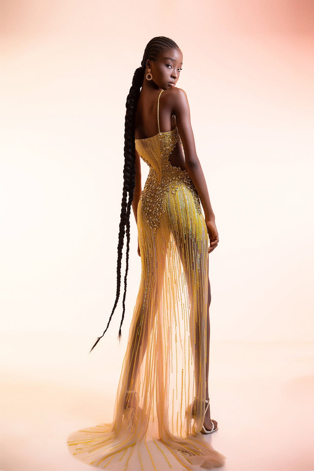 Yellow Keyhole Gown with Bead Fringe